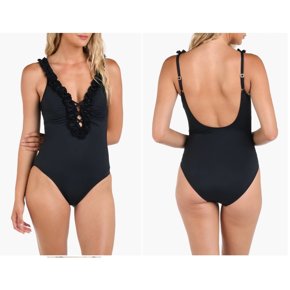 La Blanca Ruffle Plunge One Piece Swimsuit Black Sz 8 NWOT